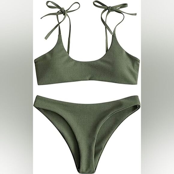 Zaful Other - Zaful Bikini Swimsuit Strappy Lace Up Top Ribbed Olive Green Size L (8) - NWT